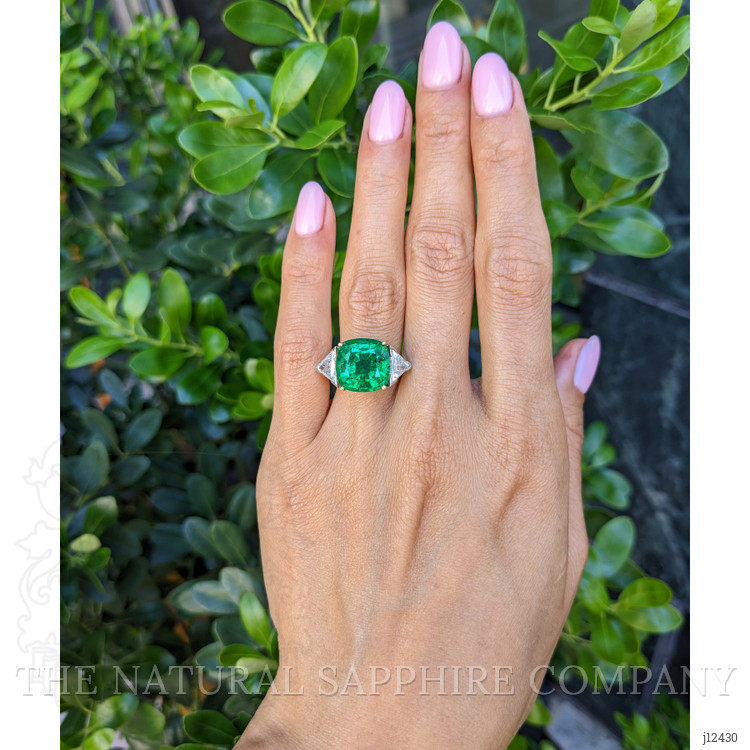 6.74 Ct. Emerald and Natural Diamond Three Stone Ring, Platinum & 18K Yellow