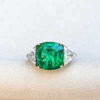 6.74 Ct. Emerald and Natural Diamond Three Stone Ring, Platinum & 18K Yellow Life Style