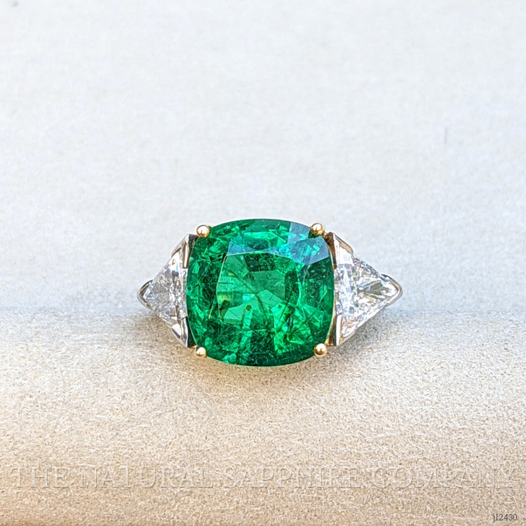 6.74 Ct. Emerald and Natural Diamond Three Stone Ring, Platinum & 18K Yellow