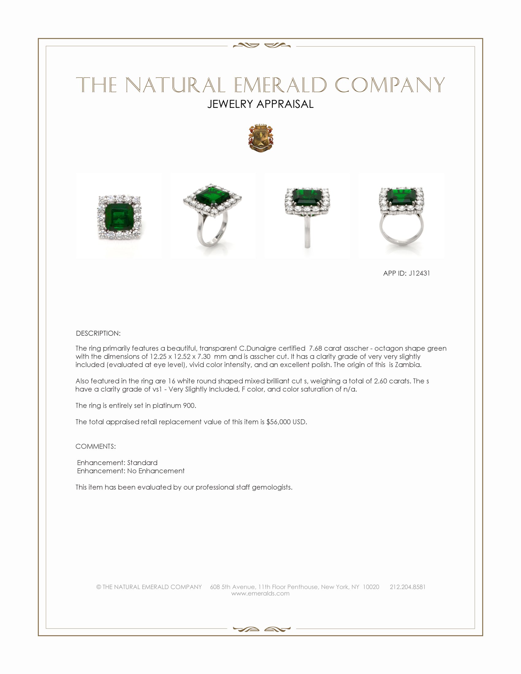 7.68 Ct. Emerald and Natural Diamond Pave Ring, Platinum 900