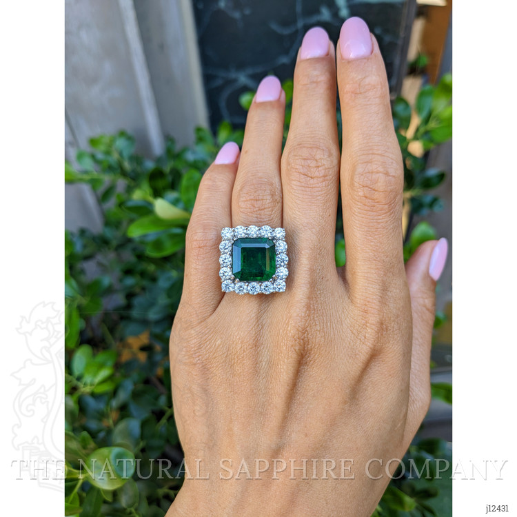 7.68 Ct. Emerald and Natural Diamond Pave Ring, Platinum 900