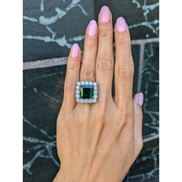 7.68 Ct. Emerald and Natural Diamond Pave Ring, Platinum 900 Life Style