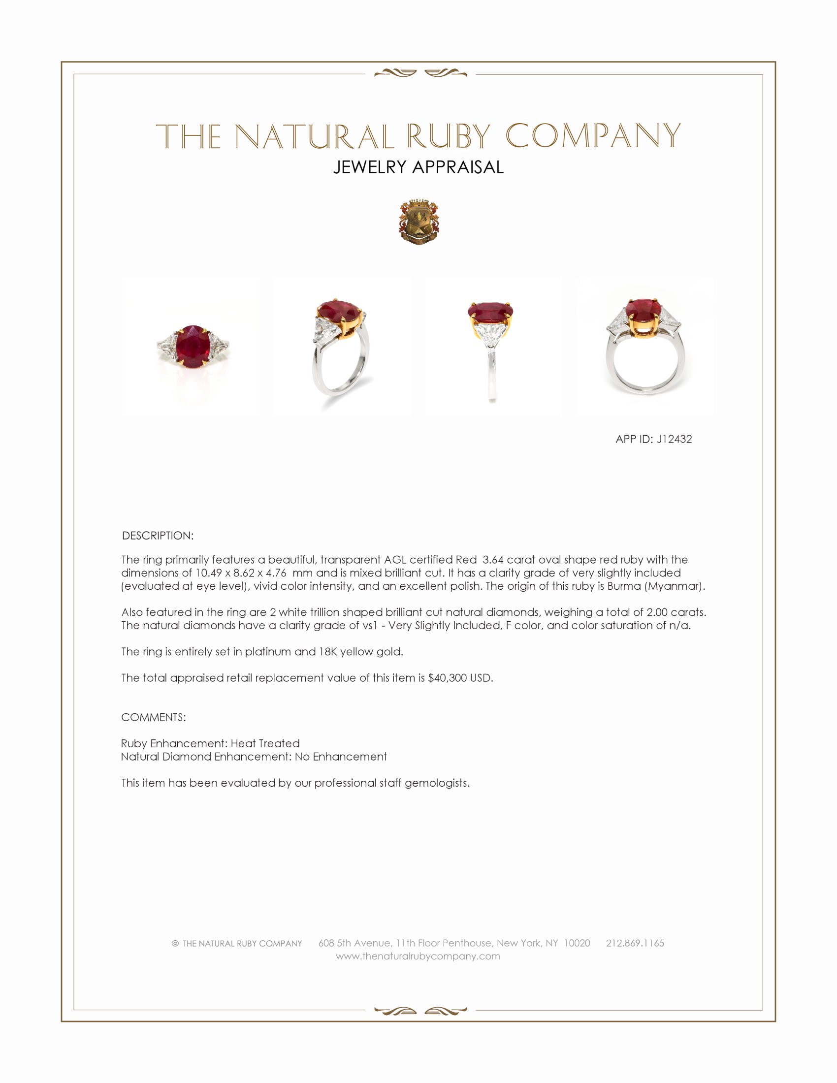 3.64 Ct. Ruby and Natural Diamond Three Stone Ring, Platinum & 18K Yellow