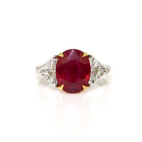 3.64 Ct. Ruby and Natural Diamond Three Stone Ring, Platinum & 18K Yellow Video
