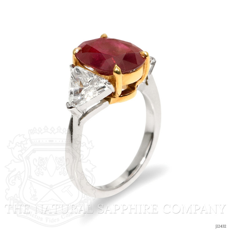 3.64 Ct. Ruby and Natural Diamond Three Stone Ring, Platinum & 18K Yellow