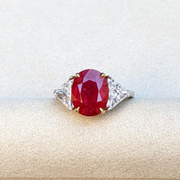 3.64 Ct. Ruby and Natural Diamond Three Stone Ring, Platinum & 18K Yellow Life Style