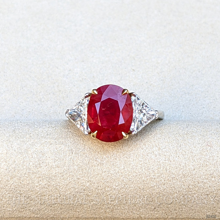 3.64 Ct. Ruby and Natural Diamond Three Stone Ring, Platinum & 18K Yellow