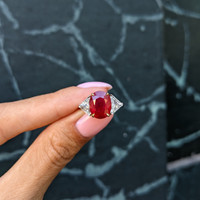 3.64 Ct. Ruby and Natural Diamond Three Stone Ring, Platinum & 18K Yellow Life Style