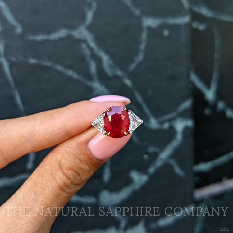 3.64 Ct. Ruby and Natural Diamond Three Stone Ring, Platinum & 18K Yellow