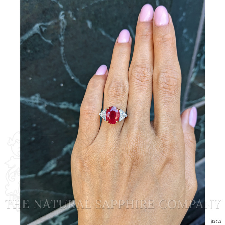 3.64 Ct. Ruby and Natural Diamond Three Stone Ring, Platinum & 18K Yellow