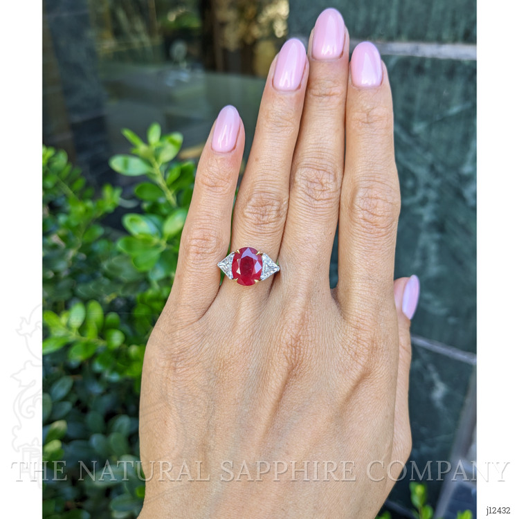 3.64 Ct. Ruby and Natural Diamond Three Stone Ring, Platinum & 18K Yellow