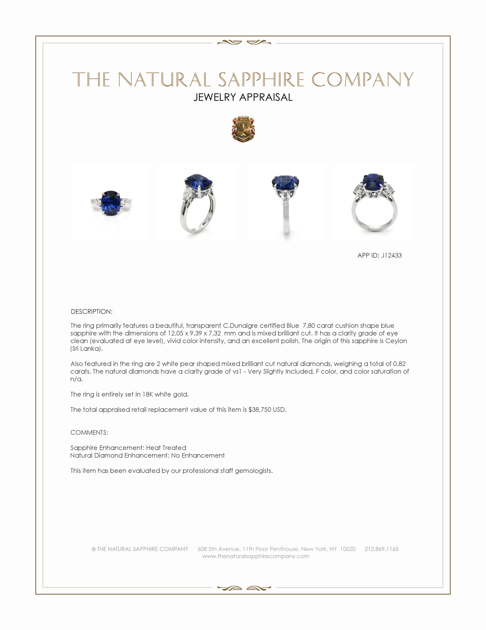 7.80 Ct. Blue Sapphire and Natural Diamond Three Stone Ring, 18K White Gold