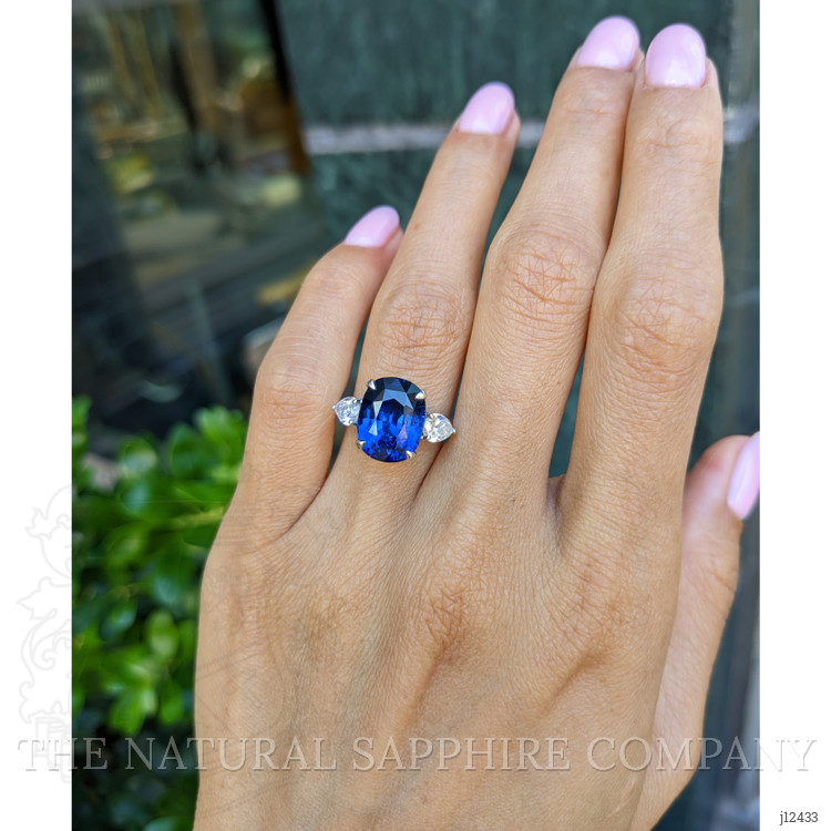 7.80 Ct. Blue Sapphire and Natural Diamond Three Stone Ring, 18K White Gold