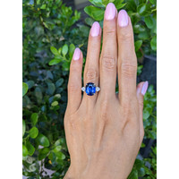 7.80 Ct. Blue Sapphire and Natural Diamond Three Stone Ring, 18K White Gold Life Style