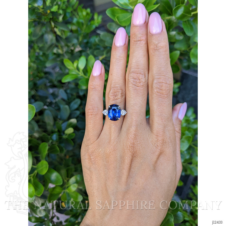 7.80 Ct. Blue Sapphire and Natural Diamond Three Stone Ring, 18K White Gold