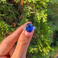 7.80 Ct. Blue Sapphire and Natural Diamond Three Stone Ring, 18K White Gold Life Style