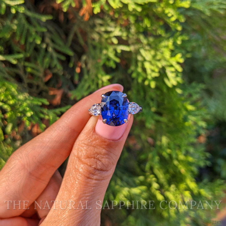 7.80 Ct. Blue Sapphire and Natural Diamond Three Stone Ring, 18K White Gold