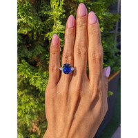 7.80 Ct. Blue Sapphire and Natural Diamond Three Stone Ring, 18K White Gold Life Style
