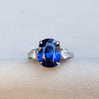 7.80 Ct. Blue Sapphire and Natural Diamond Three Stone Ring, 18K White Gold Life Style