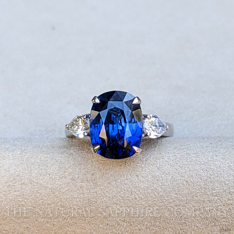7.80 Ct. Blue Sapphire and Natural Diamond Three Stone Ring, 18K White Gold