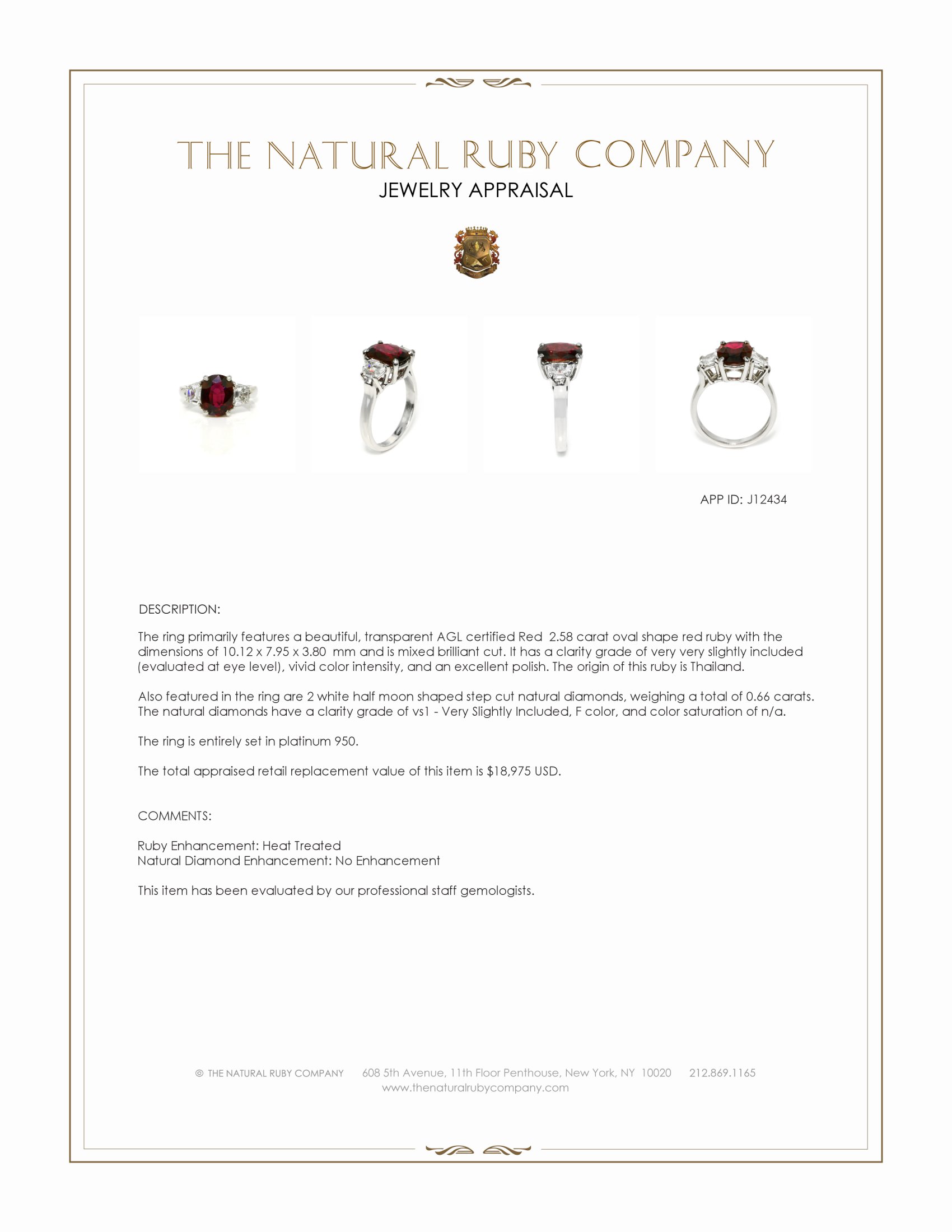 2.58 Ct. Ruby and Natural Diamond Three Stone Ring, Platinum 950