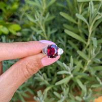 2.58 Ct. Ruby and Natural Diamond Three Stone Ring, Platinum 950 Life Style