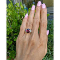 2.58 Ct. Ruby and Natural Diamond Three Stone Ring, Platinum 950 Life Style