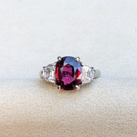 2.58 Ct. Ruby and Natural Diamond Three Stone Ring, Platinum 950 Life Style