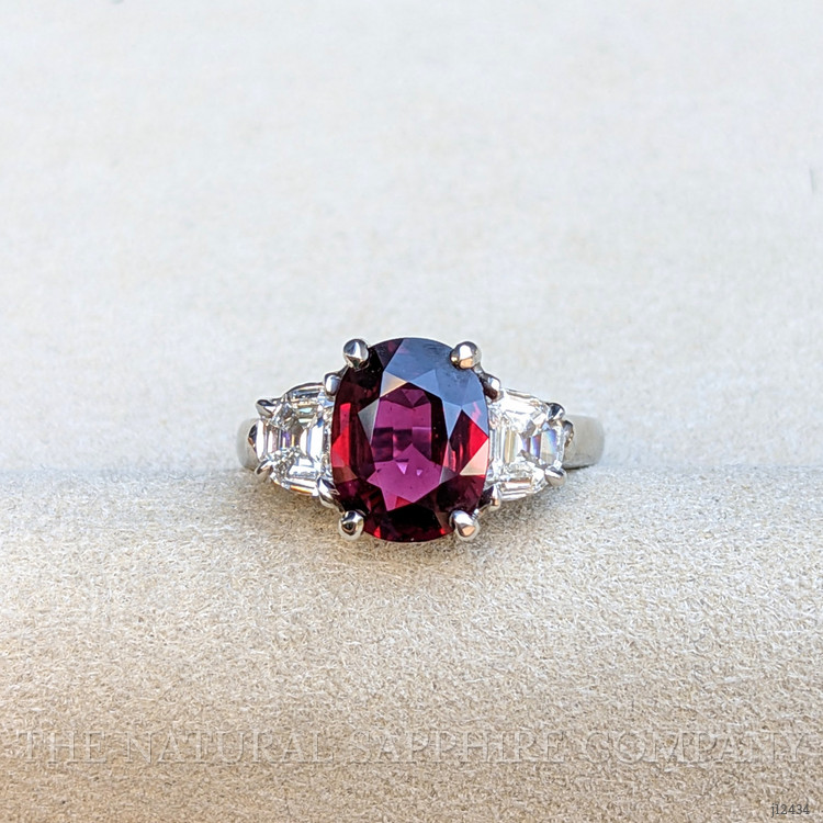 2.58 Ct. Ruby and Natural Diamond Three Stone Ring, Platinum 950