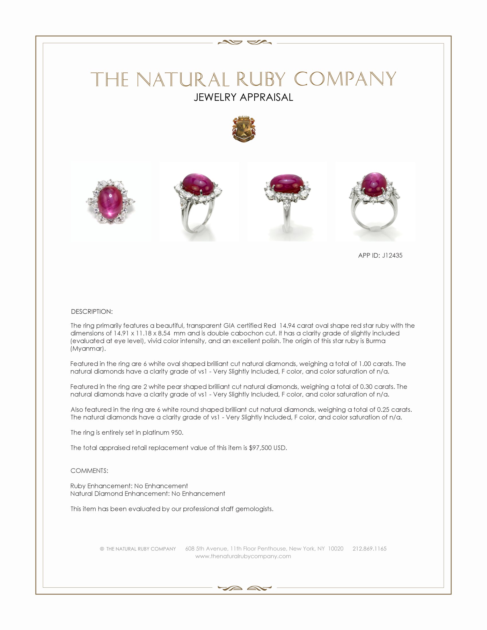 14.94 Ct. Ruby and Natural Diamond Pave Ring, Platinum 950