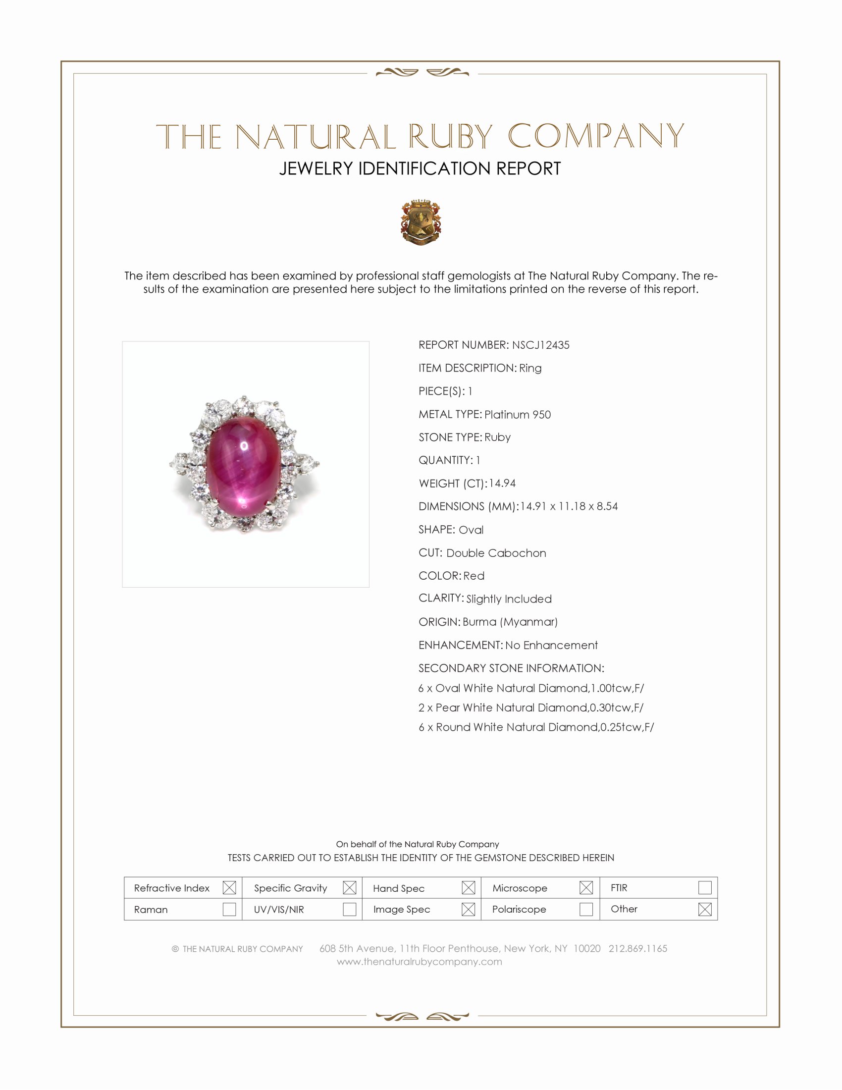 14.94 Ct. Ruby and Natural Diamond Pave Ring, Platinum 950