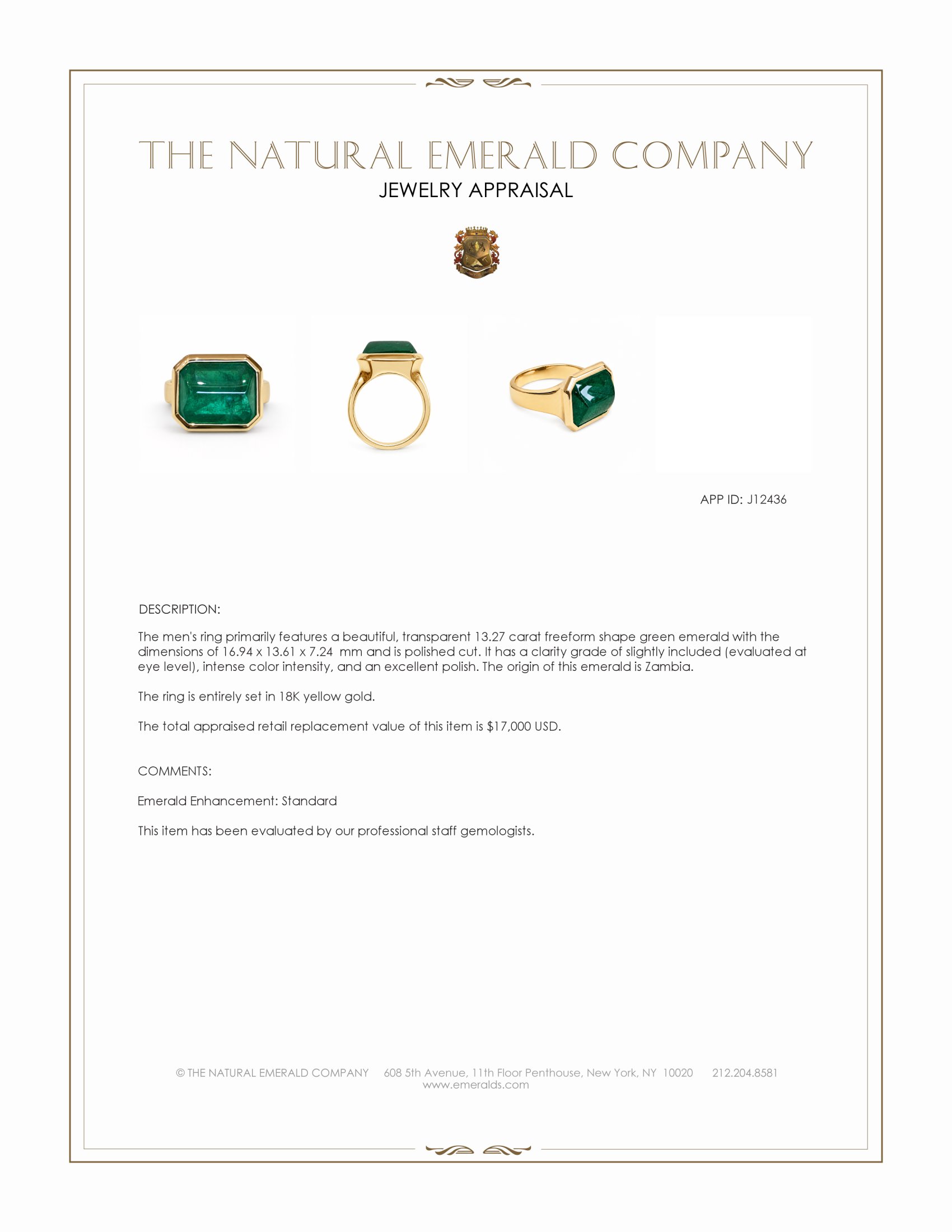 13.27 Ct. Emerald Men's Ring, 18K Yellow Gold