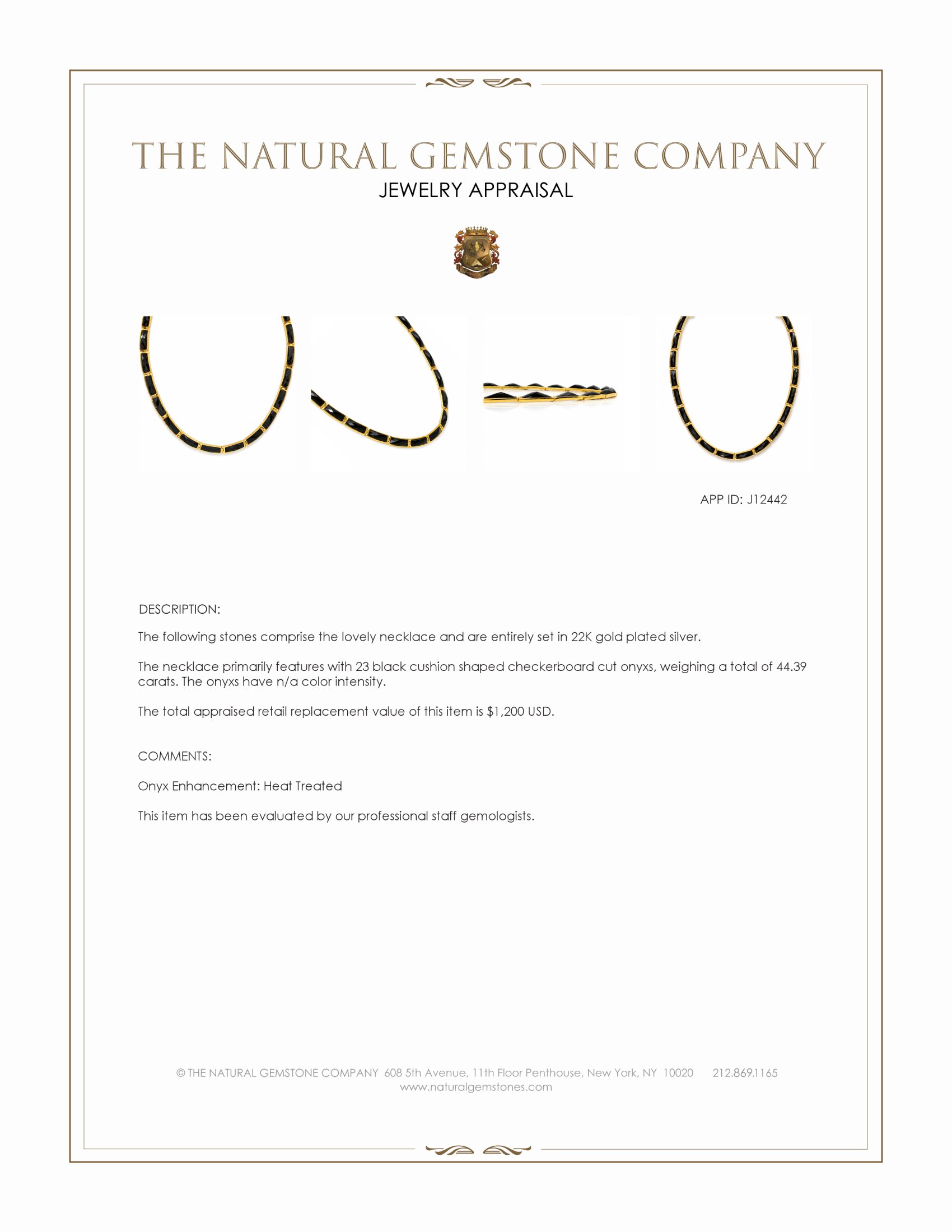 44.39 Ct. Black Onyx Bezel Necklace, 22K Gold Plated Silver