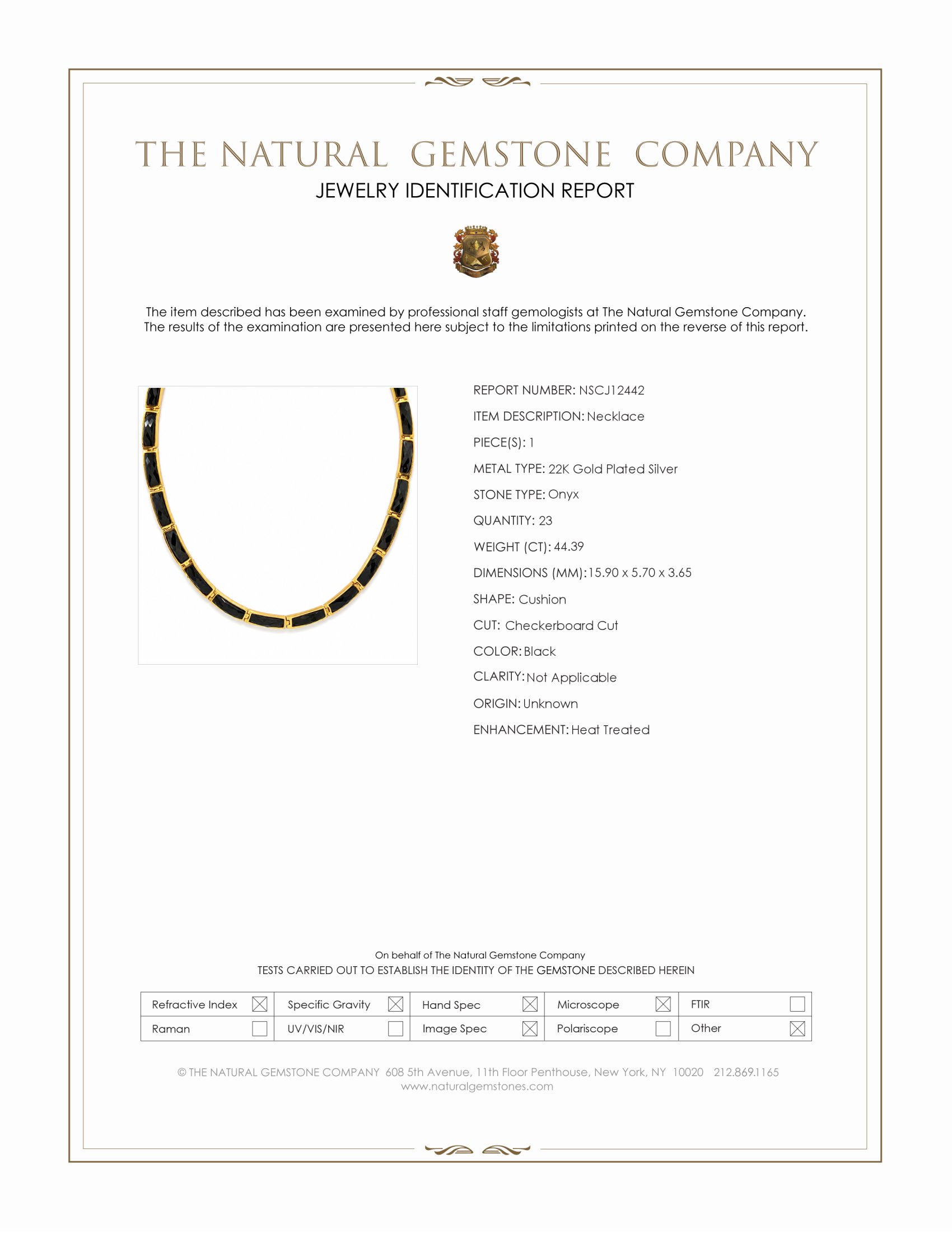 44.39 Ct. Black Onyx Bezel Necklace, 22K Gold Plated Silver