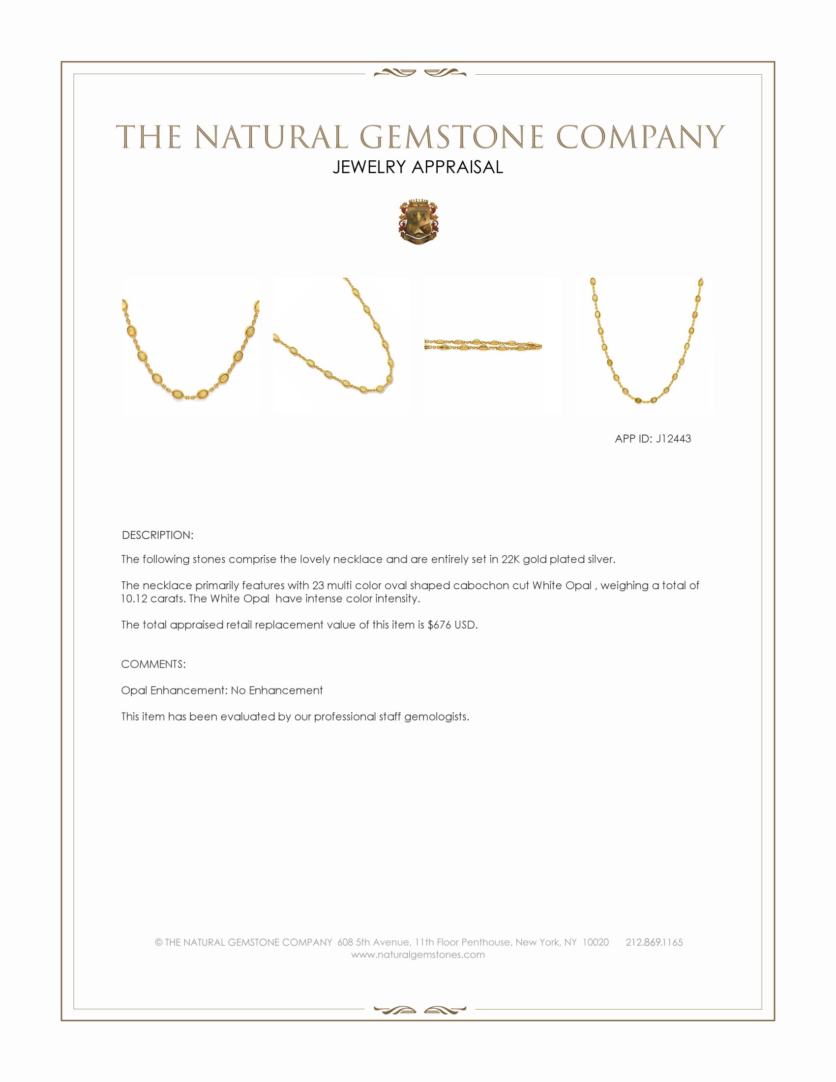 10.12 Ct. Multi Color Opal Bezel Necklace, 22K Gold Plated Silver