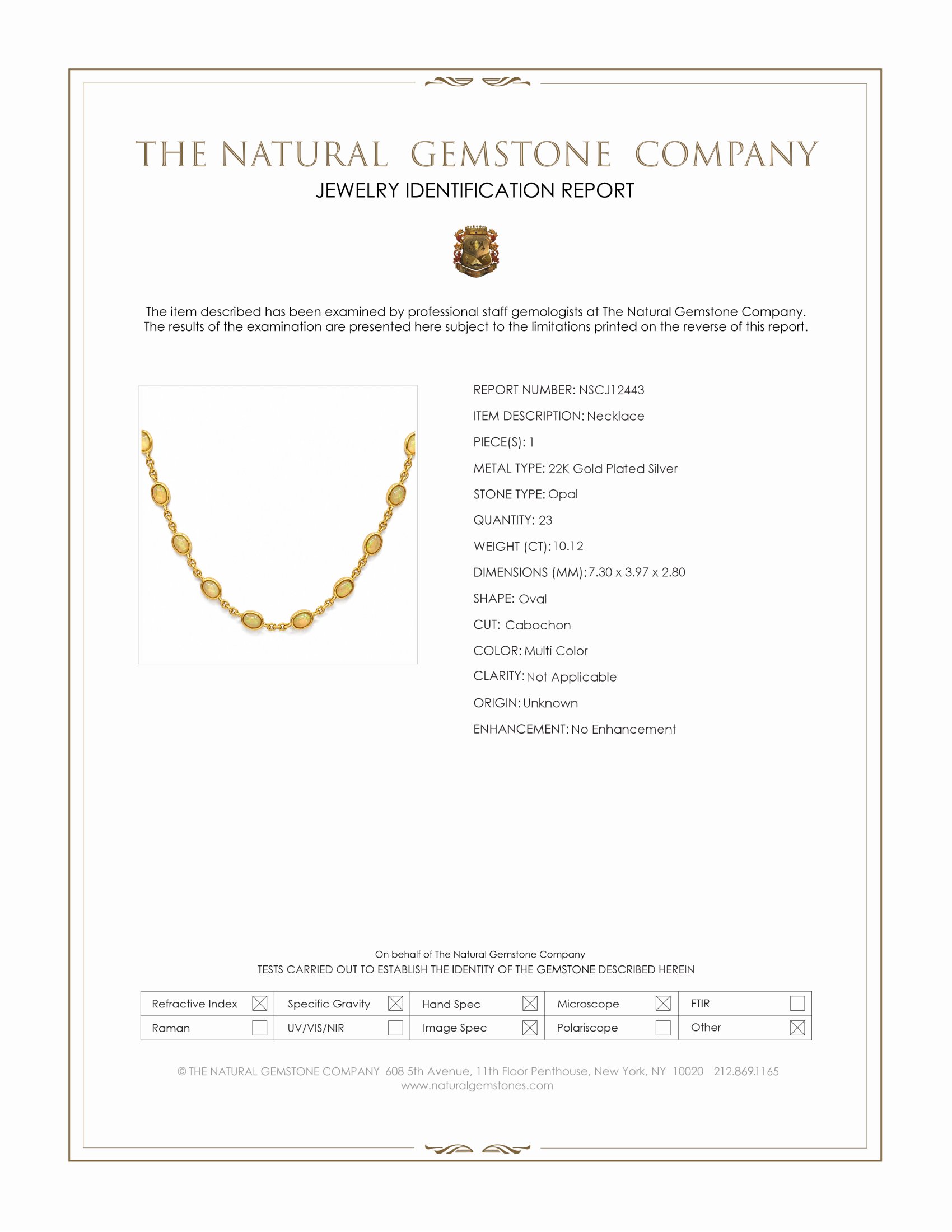10.12 Ct. Multi Color Opal Bezel Necklace, 22K Gold Plated Silver