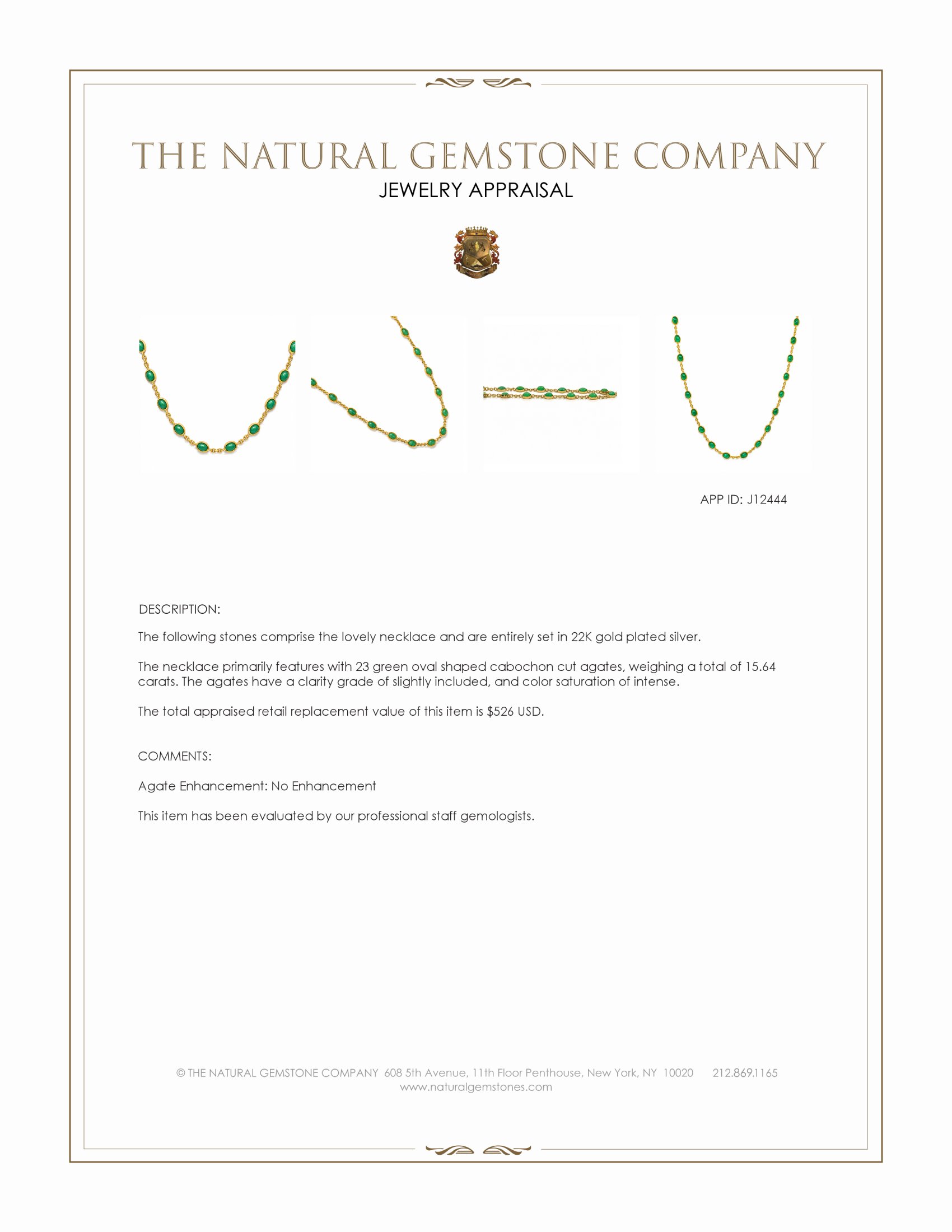 15.64 Ct. Green Agate Bezel Necklace, 22K Gold Plated Silver