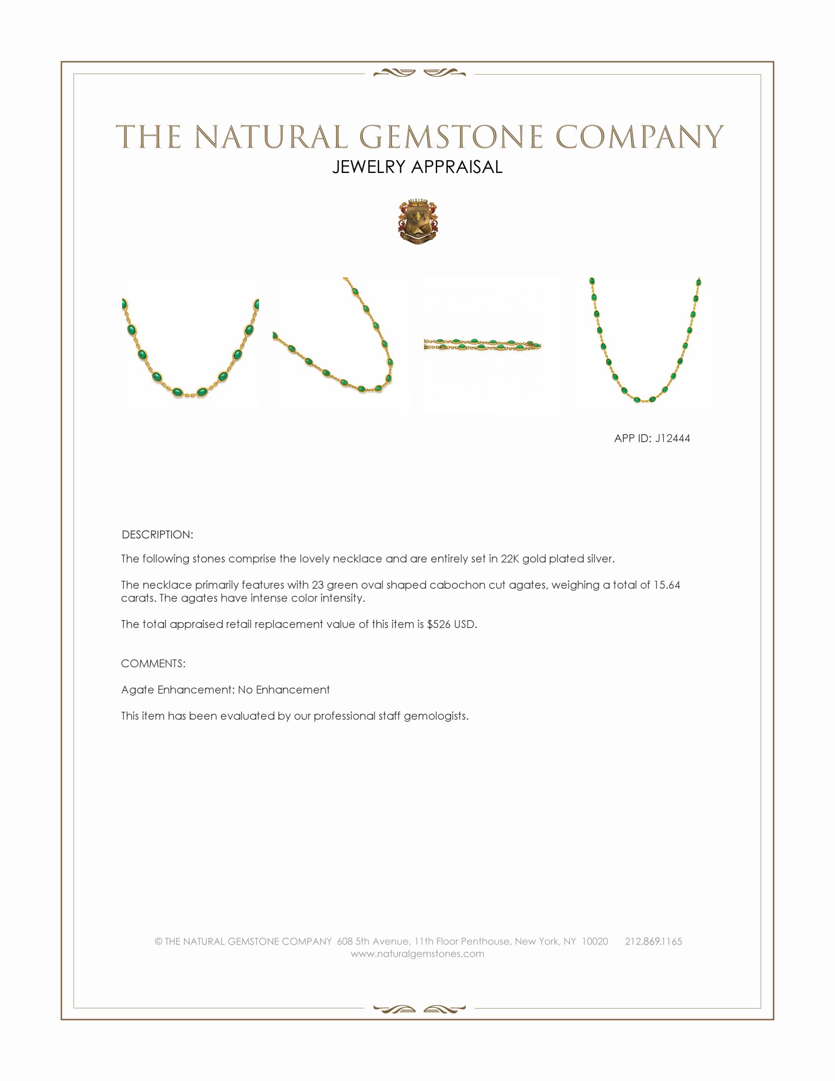 15.64 Ct. Green Agate Bezel Necklace, 22K Gold Plated Silver