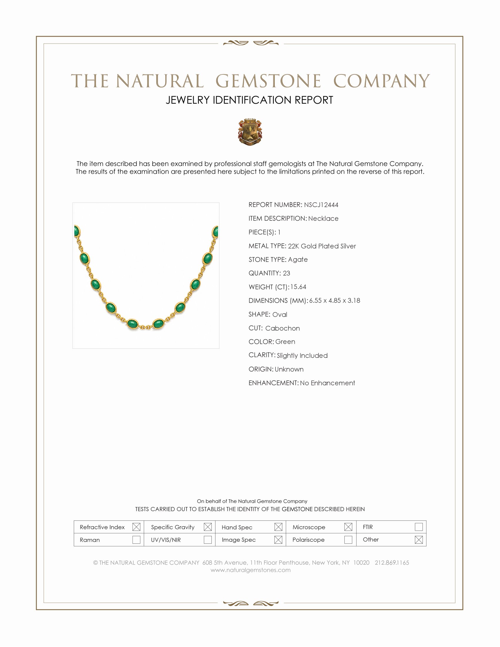 15.64 Ct. Green Agate Bezel Necklace, 22K Gold Plated Silver