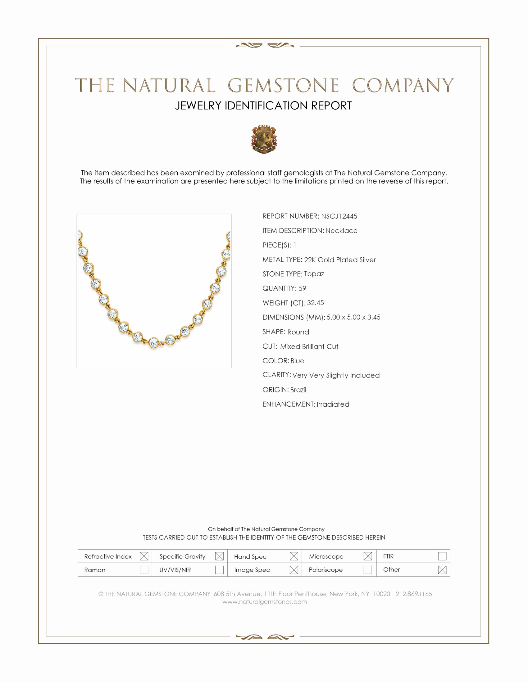 32.45 Ct. Blue Topaz Bezel Necklace, 22K Gold Plated Silver
