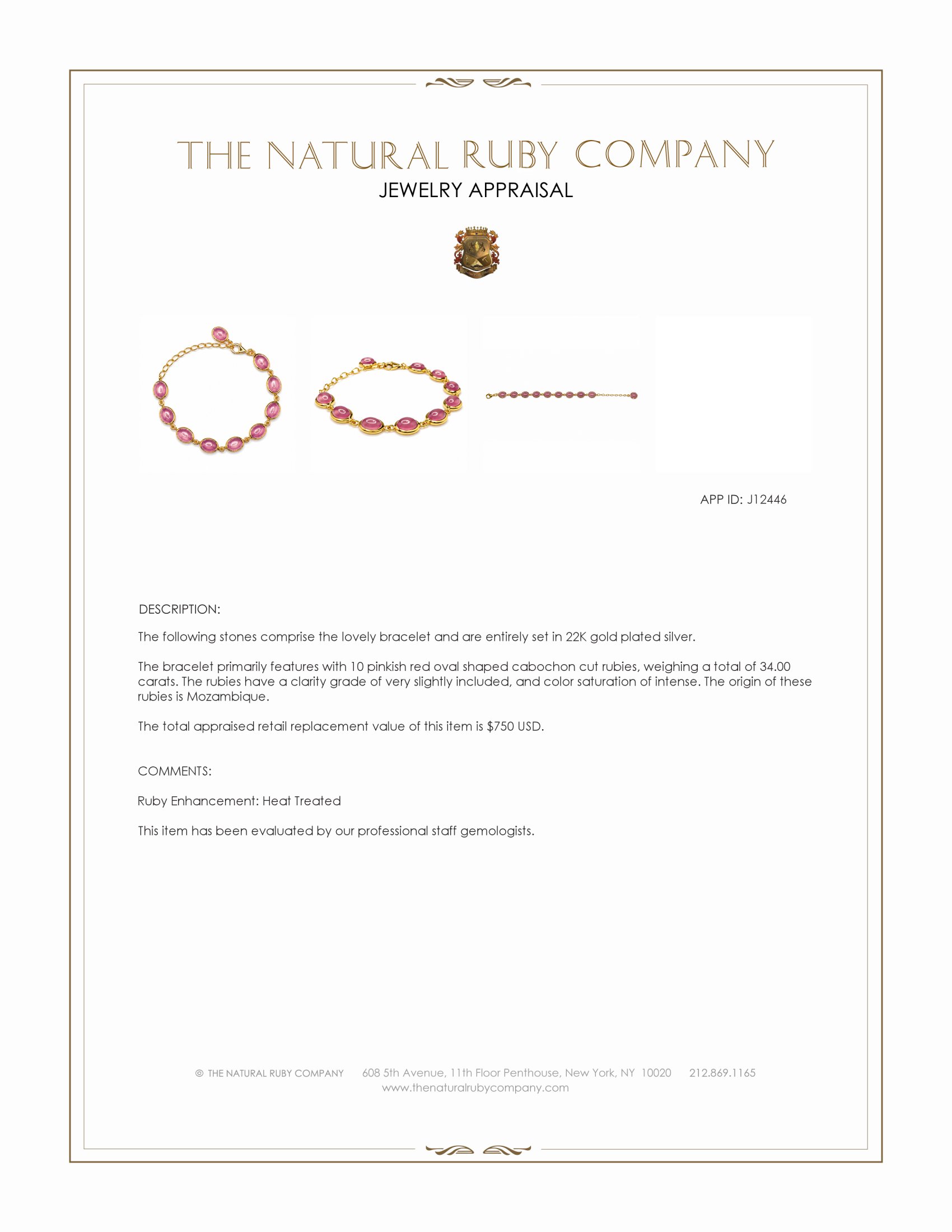 34.00 Ct.Tw. Pinkish Red Ruby Bezel Bracelet, 22K Gold Plated Silver
