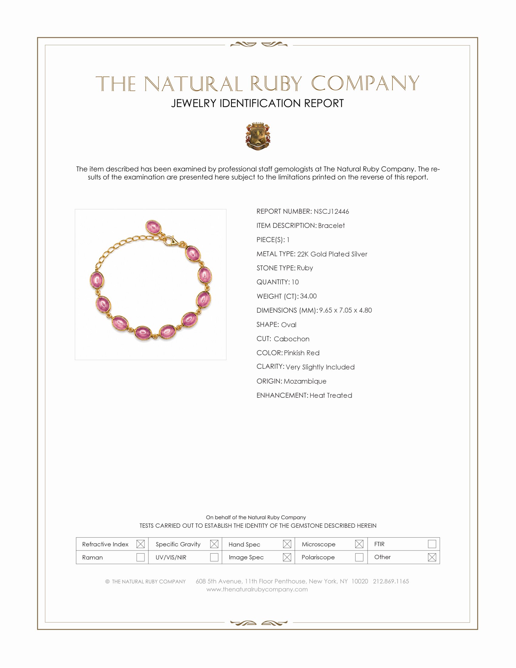 34.00 Ct.Tw. Pinkish Red Ruby Bezel Bracelet, 22K Gold Plated Silver