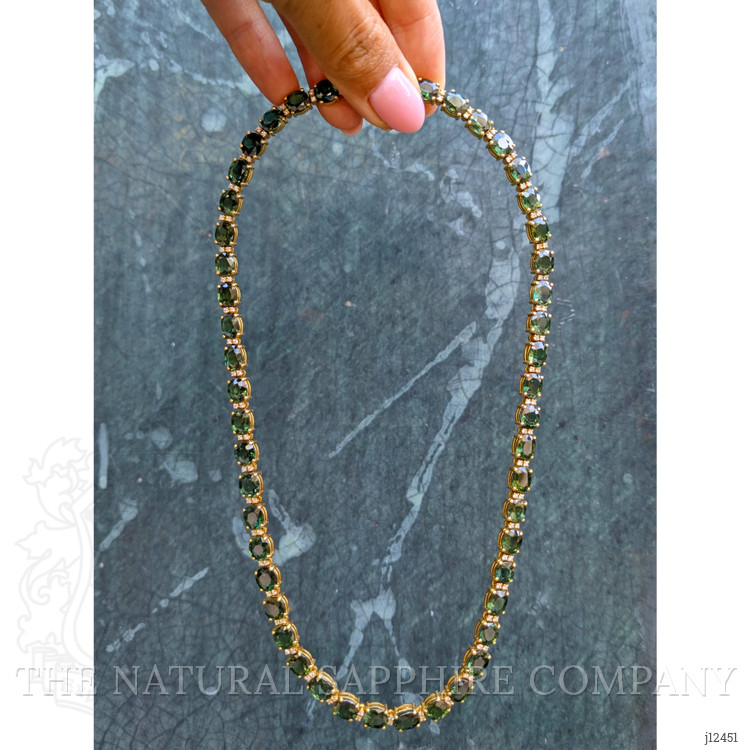 50.50 Ct. Green Sapphire and Natural Diamond Tennis/Riviere Necklace, 18K Yellow Gold