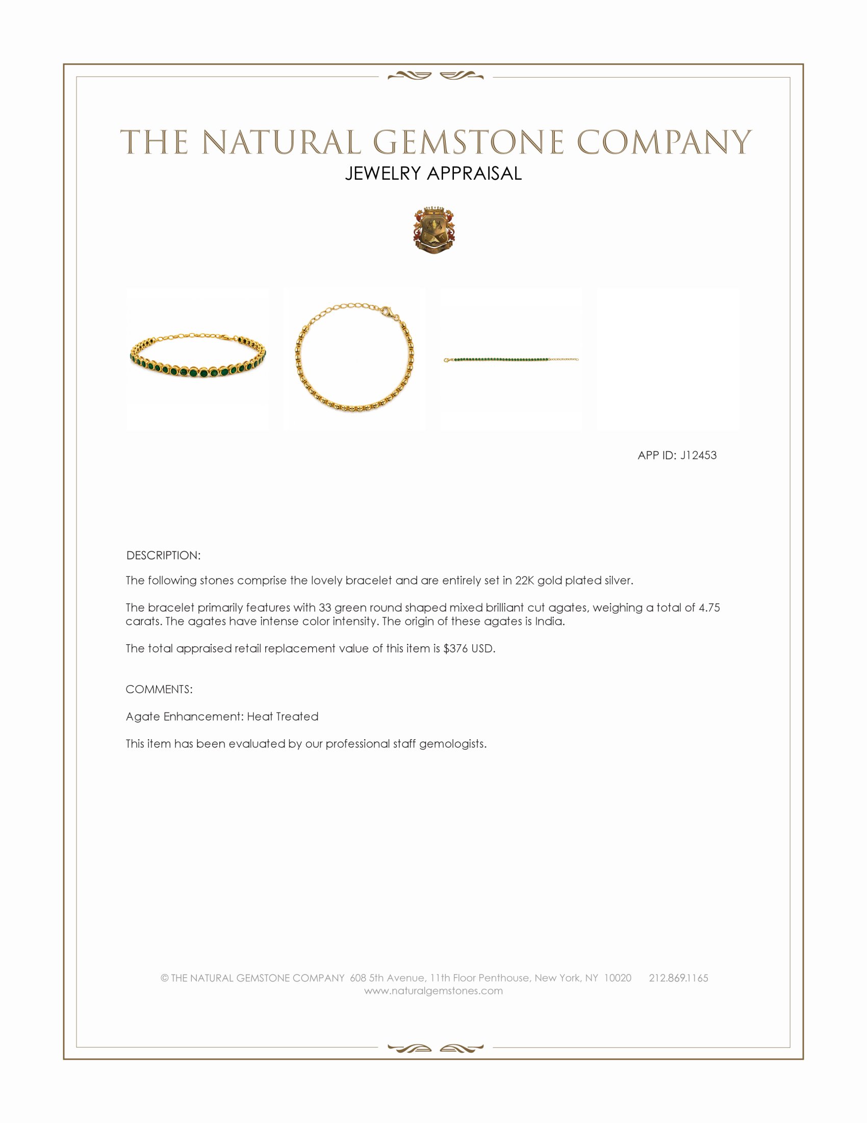 4.75 Ct.Tw. Green Agate Bezel Bracelet, 22K Gold Plated Silver
