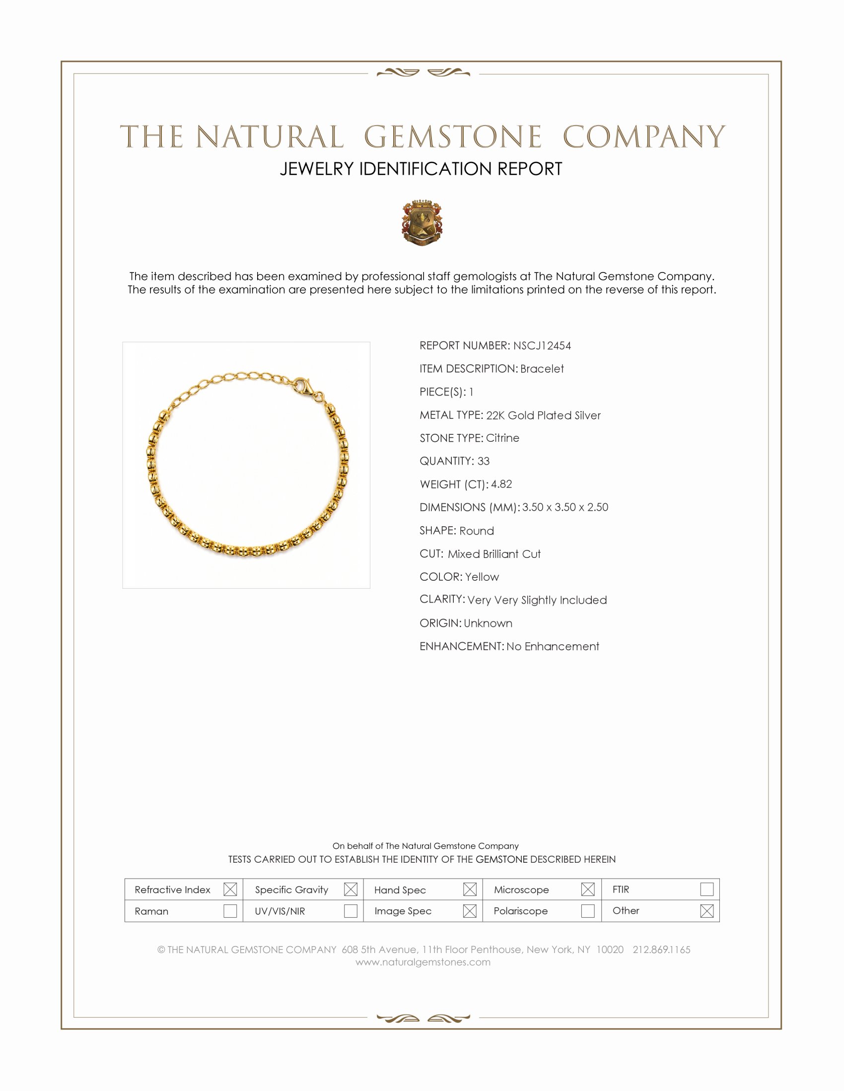 4.82 Ct.Tw. Yellow Citrine Bezel Bracelet, 22K Gold Plated Silver