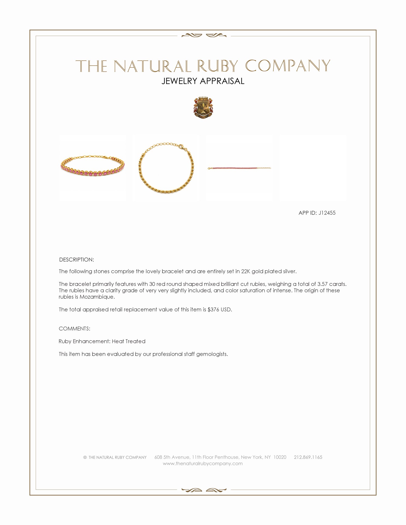 3.57 Ct.Tw. Ruby Bezel Bracelet, 22K Gold Plated Silver