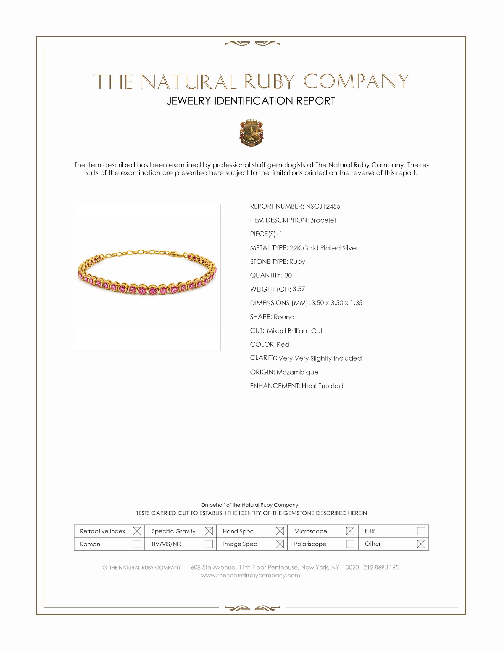 3.57 Ct.Tw. Ruby Bezel Bracelet, 22K Gold Plated Silver