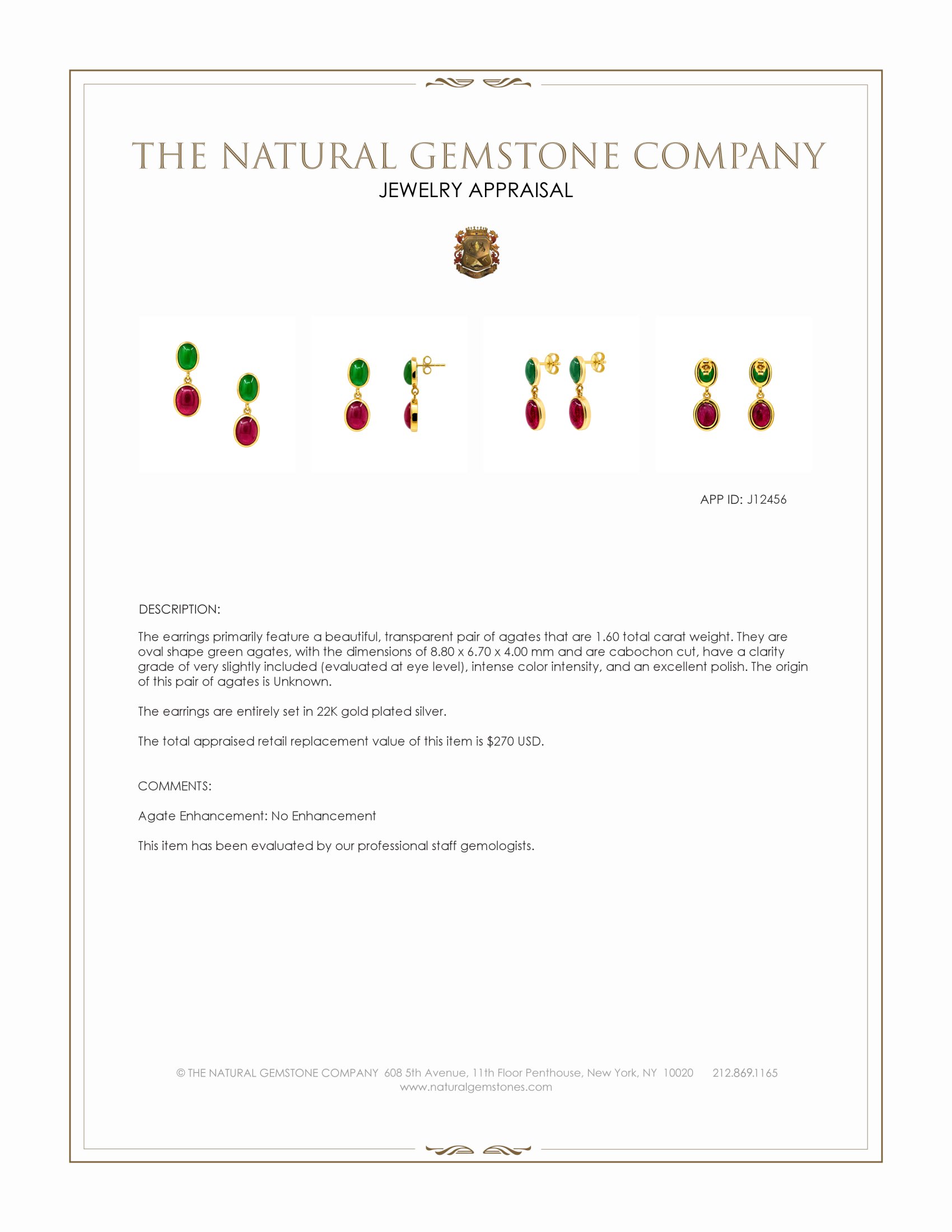 13.54 Ct.Tw. Ruby and Green Agate Studs Earrings, 22K Gold Plated Silver