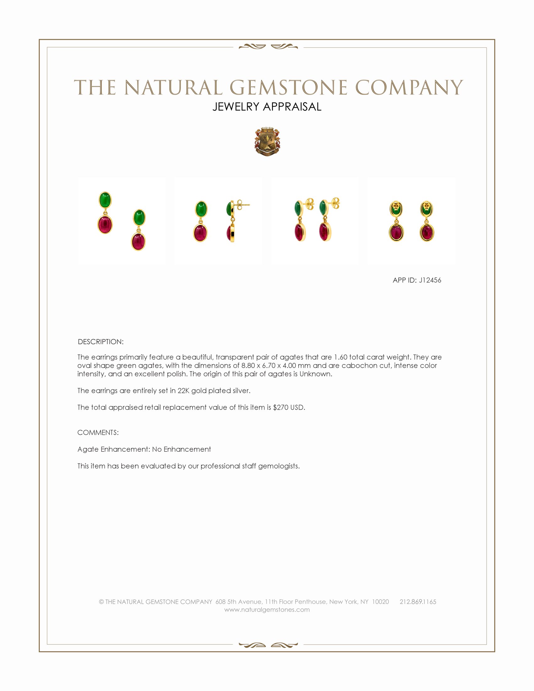 13.54 Ct.Tw. Ruby and Green Agate Studs Earrings, 22K Gold Plated Silver