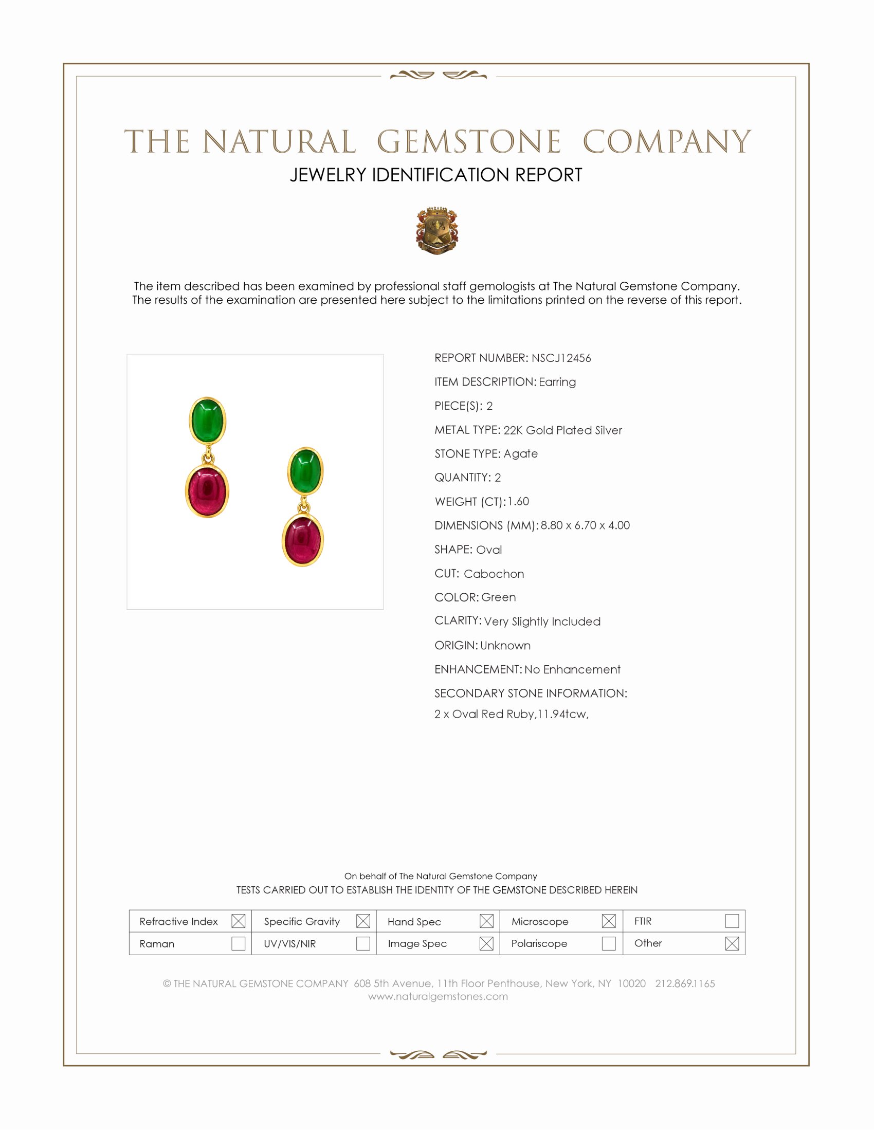 13.54 Ct.Tw. Ruby and Green Agate Studs Earrings, 22K Gold Plated Silver
